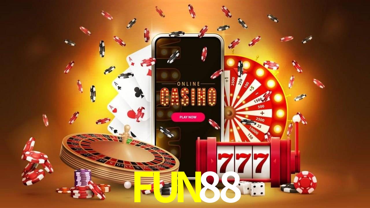 Escena dinámica inspirada en casino con iluminación FUN88, cartas, fichas e íconos de juegos digitales en un espacio moderno de juegos.