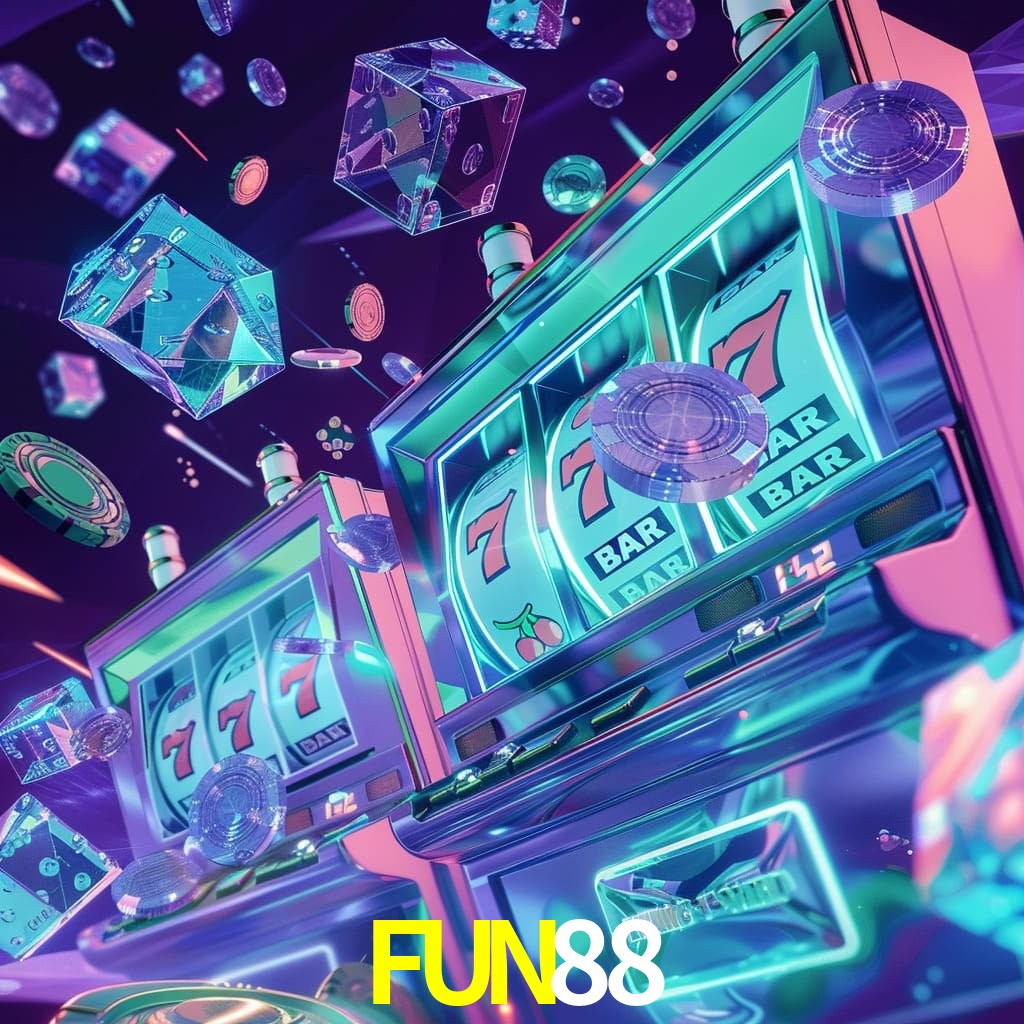 Una escena digital vívida inspirada en casino con FUN88 mostrado prominentemente, luces brillantes, fichas, cartas y acentos dorados.