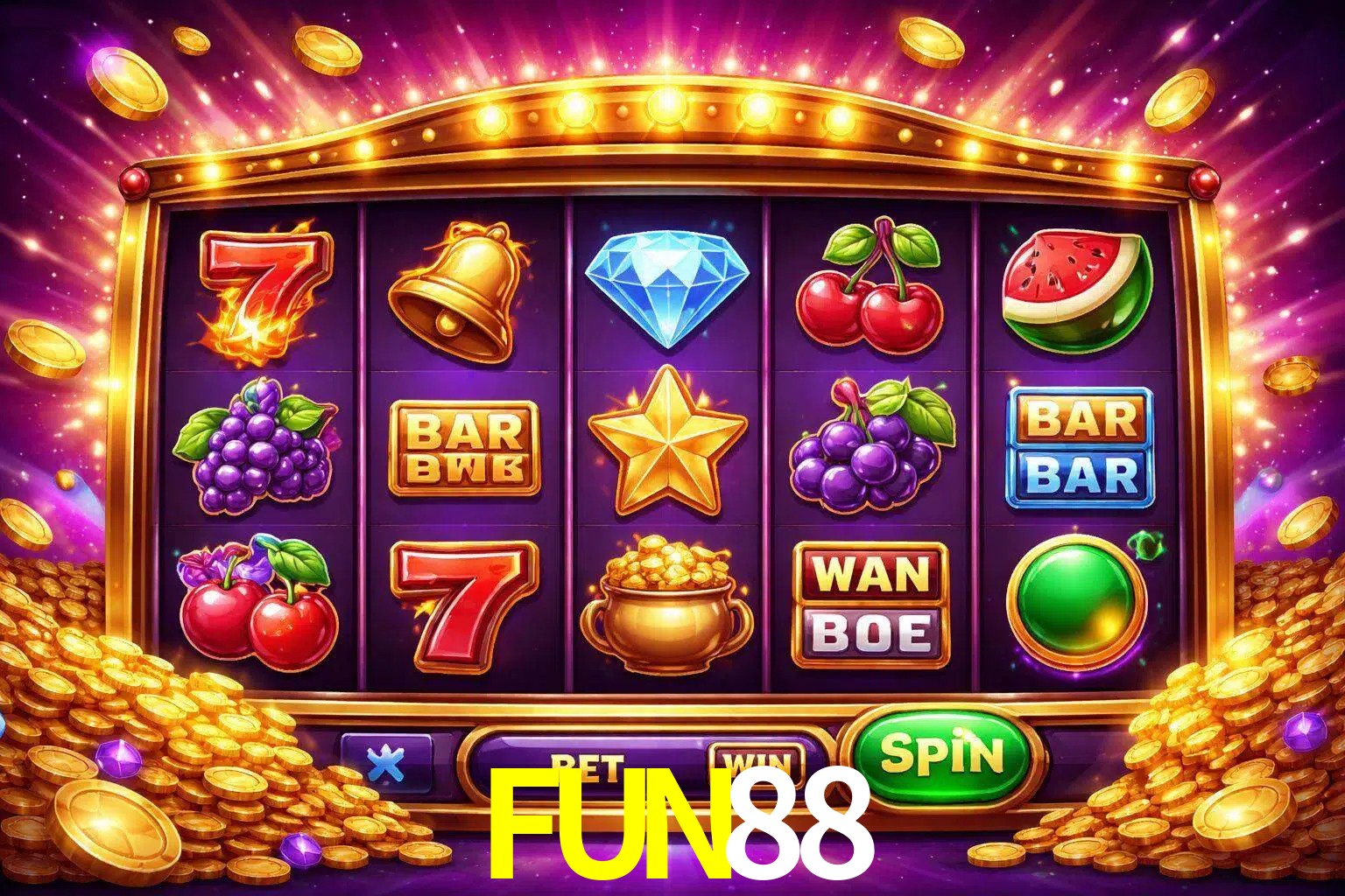 Una interfaz colorida de tragamonedas en línea con símbolos brillantes, monedas y un efecto de victoria celebratoria en FUN88.